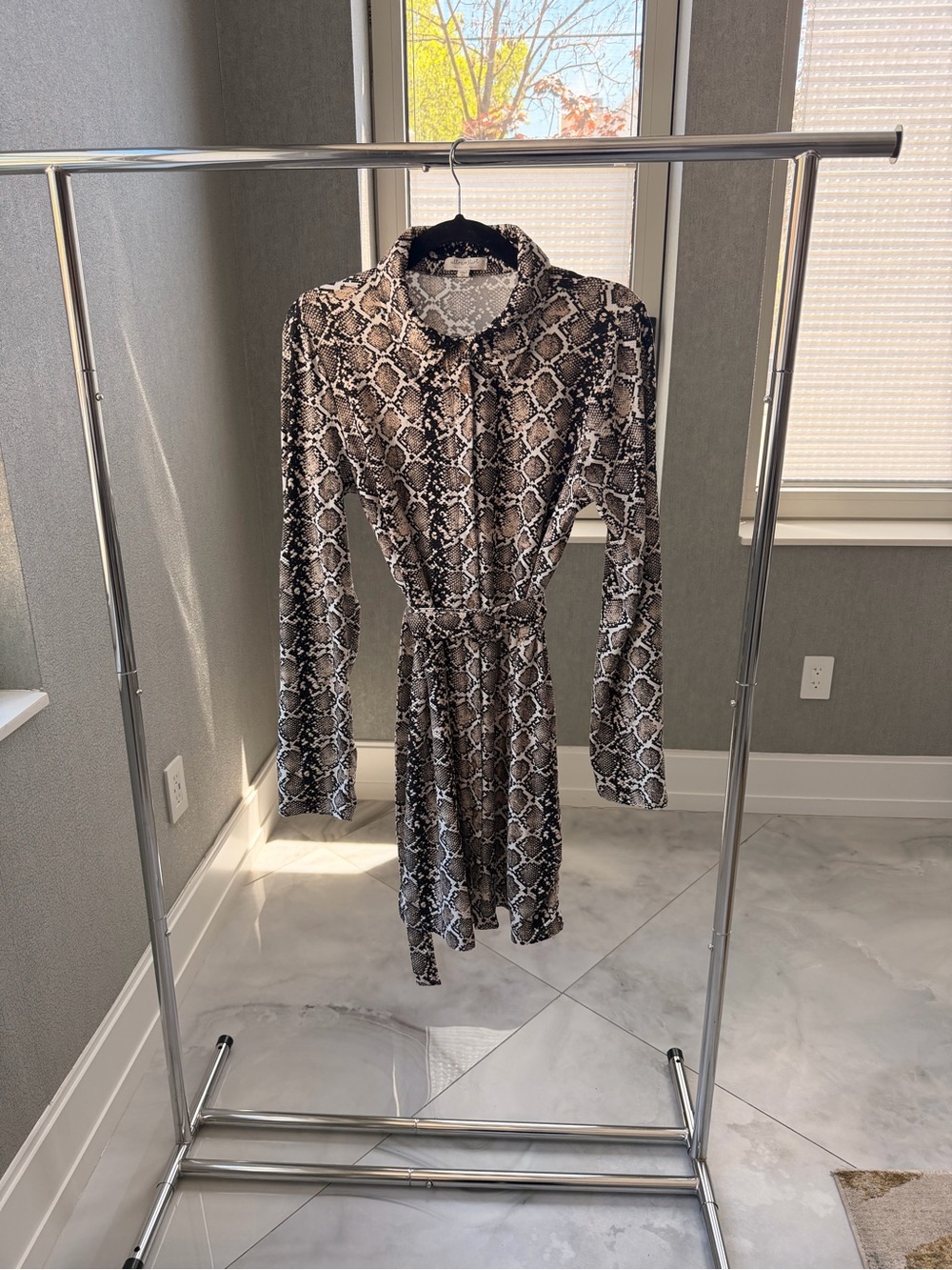 Ultra Flirt Black and Brown Snake-Print Long Sleeve Shirt Dress